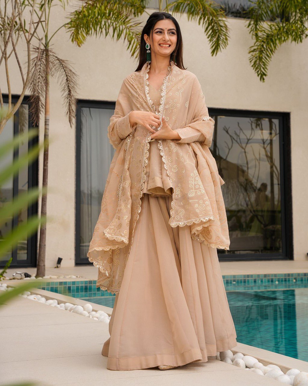 Wedding Wear Cream Color Tabby Organza With Mukesh Work Designer Palazzo Suit