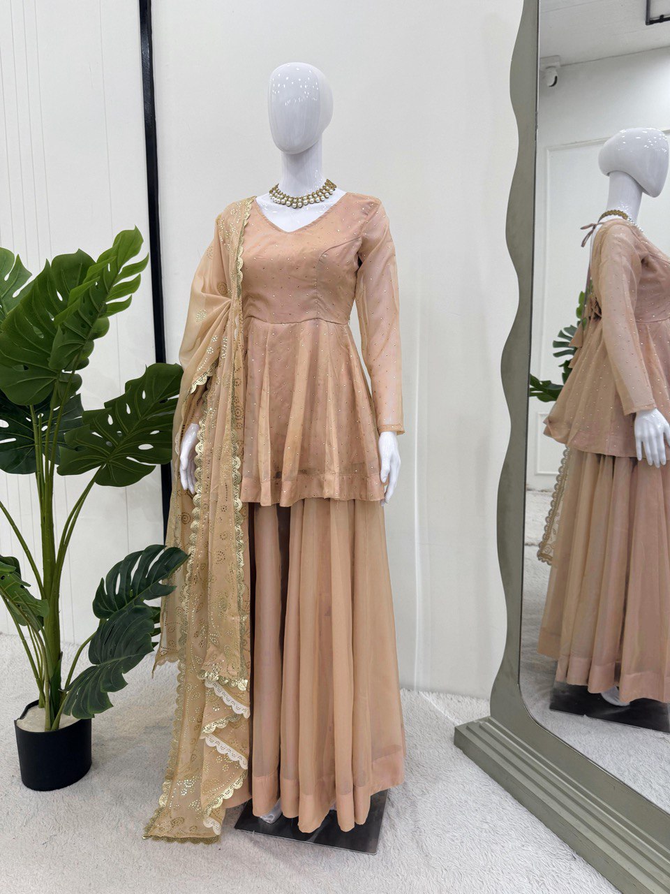 Wedding Wear Cream Color Tabby Organza With Mukesh Work Designer Palazzo Suit