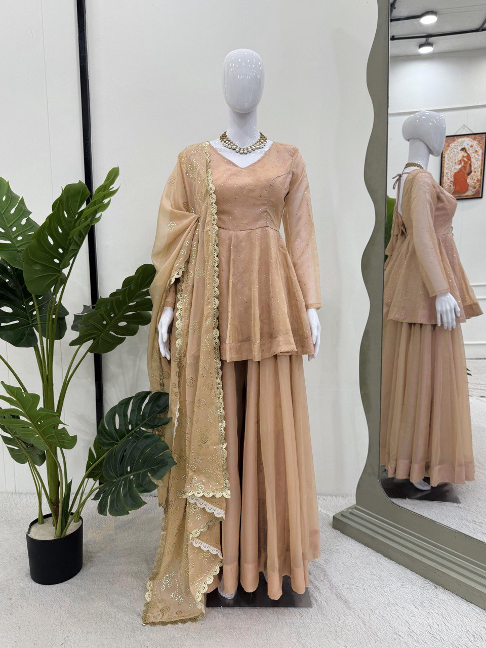 Wedding Wear Cream Color Tabby Organza With Mukesh Work Designer Palazzo Suit