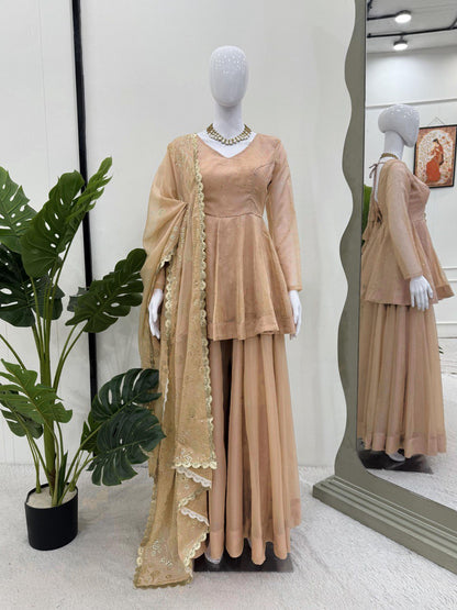 Wedding Wear Cream Color Tabby Organza With Mukesh Work Designer Palazzo Suit