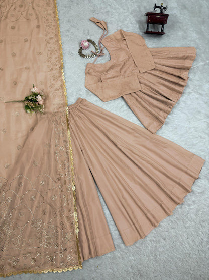 Wedding Wear Cream Color Tabby Organza With Mukesh Work Designer Palazzo Suit