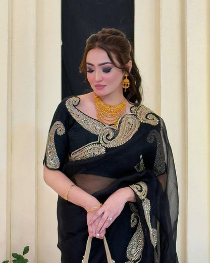 Designer Black Color Sequence Embroidered Saree
