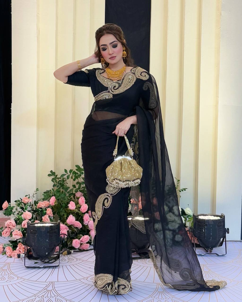Designer Black Color Sequence Embroidered Saree