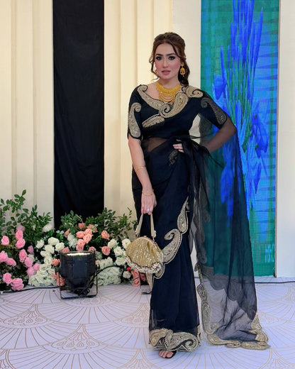 Designer Black Color Sequence Embroidered Saree