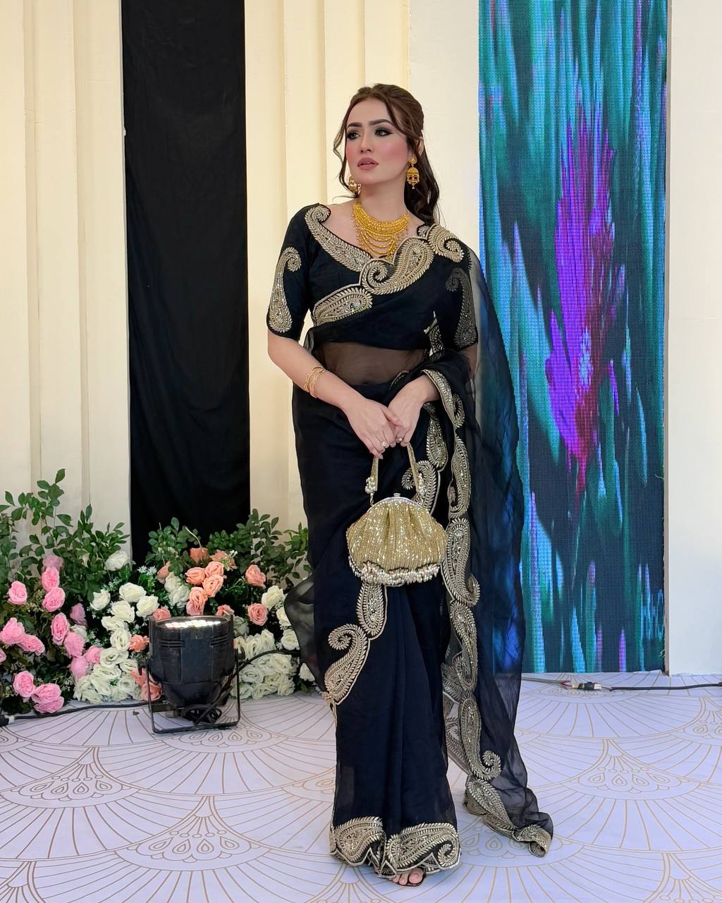 Designer Black Color Sequence Embroidered Saree