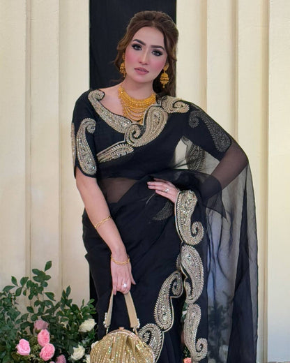 Designer Black Color Sequence Embroidered Saree