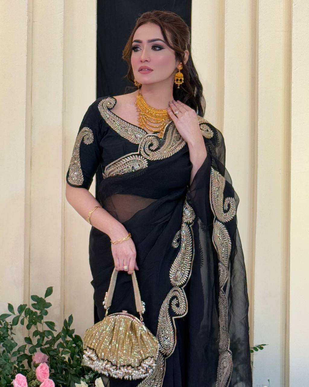 Designer Black Color Sequence Embroidered Saree
