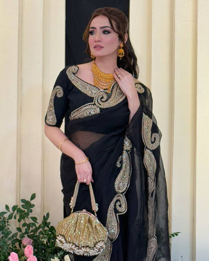 Designer Black Color Sequence Embroidered Saree