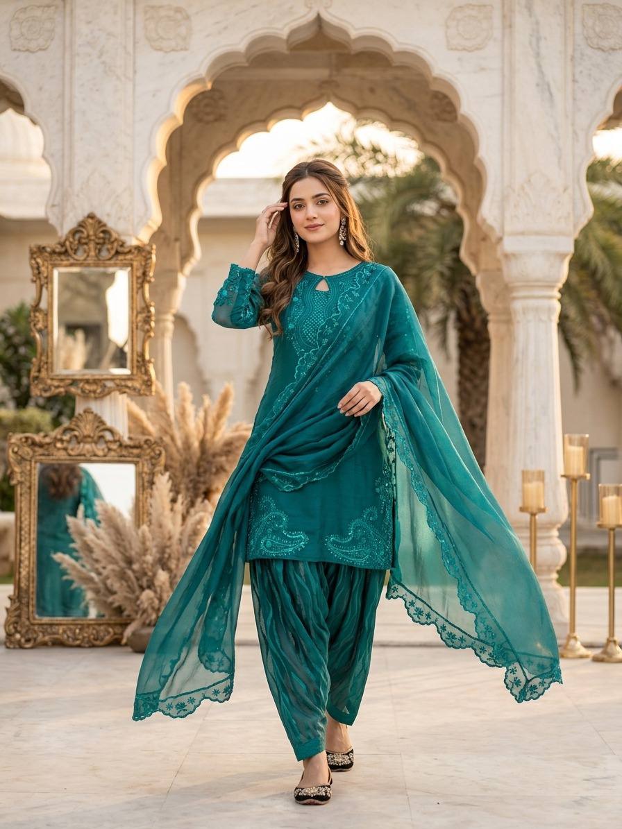 Ceremony Wear Sequence With Fancy Cut Work Palazzo Salwar Suit