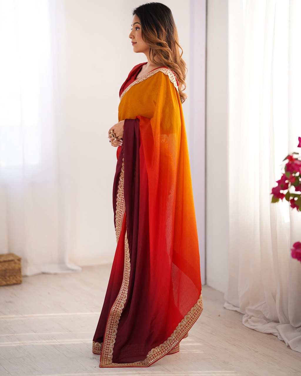 Wedding Wear Yellow-Orange Color Chinon Silk And Thread With Sequence Lace Work Saree