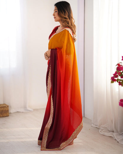 Wedding Wear Yellow-Orange Color Chinon Silk And Thread With Sequence Lace Work Saree