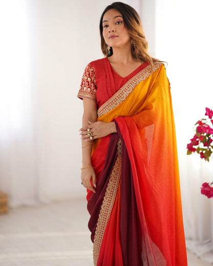 Wedding Wear Yellow-Orange Color Chinon Silk And Thread With Sequence Lace Work Saree