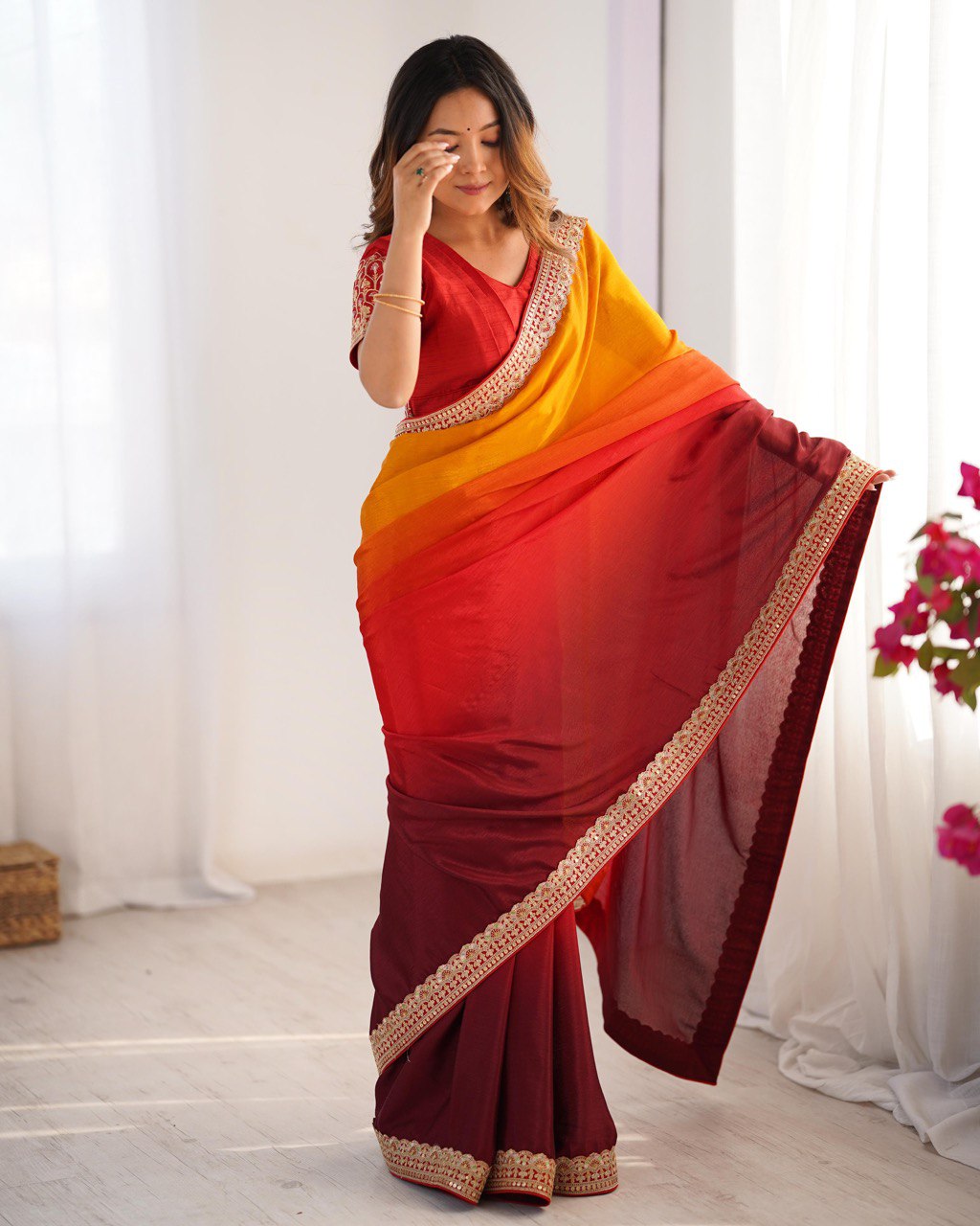 Wedding Wear Yellow-Orange Color Chinon Silk And Thread With Sequence Lace Work Saree