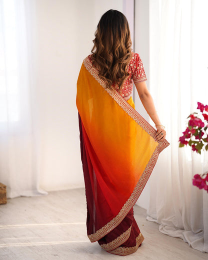 Wedding Wear Yellow-Orange Color Chinon Silk And Thread With Sequence Lace Work Saree