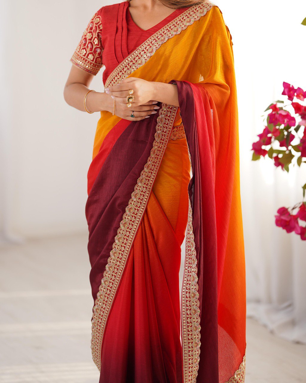 Wedding Wear Yellow-Orange Color Chinon Silk And Thread With Sequence Lace Work Saree