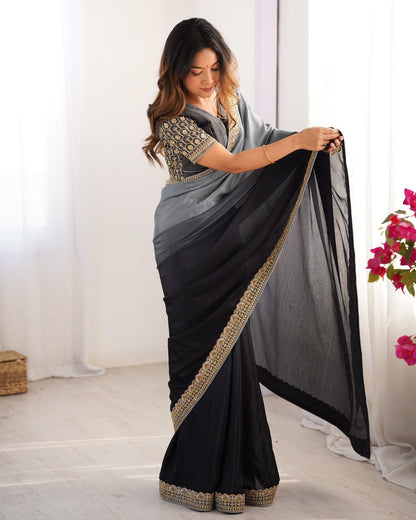 Wedding Wear Black-Grey Color Chinon Silk And Thread With Sequence Lace Work Saree
