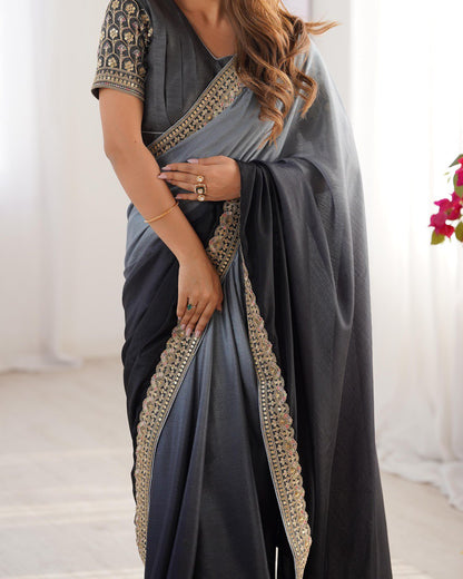 Wedding Wear Black-Grey Color Chinon Silk And Thread With Sequence Lace Work Saree