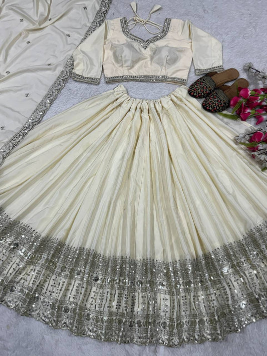 Superhit Off White Color Natural Crepe Silk Embroidery Sequence Work Lehenga Choli