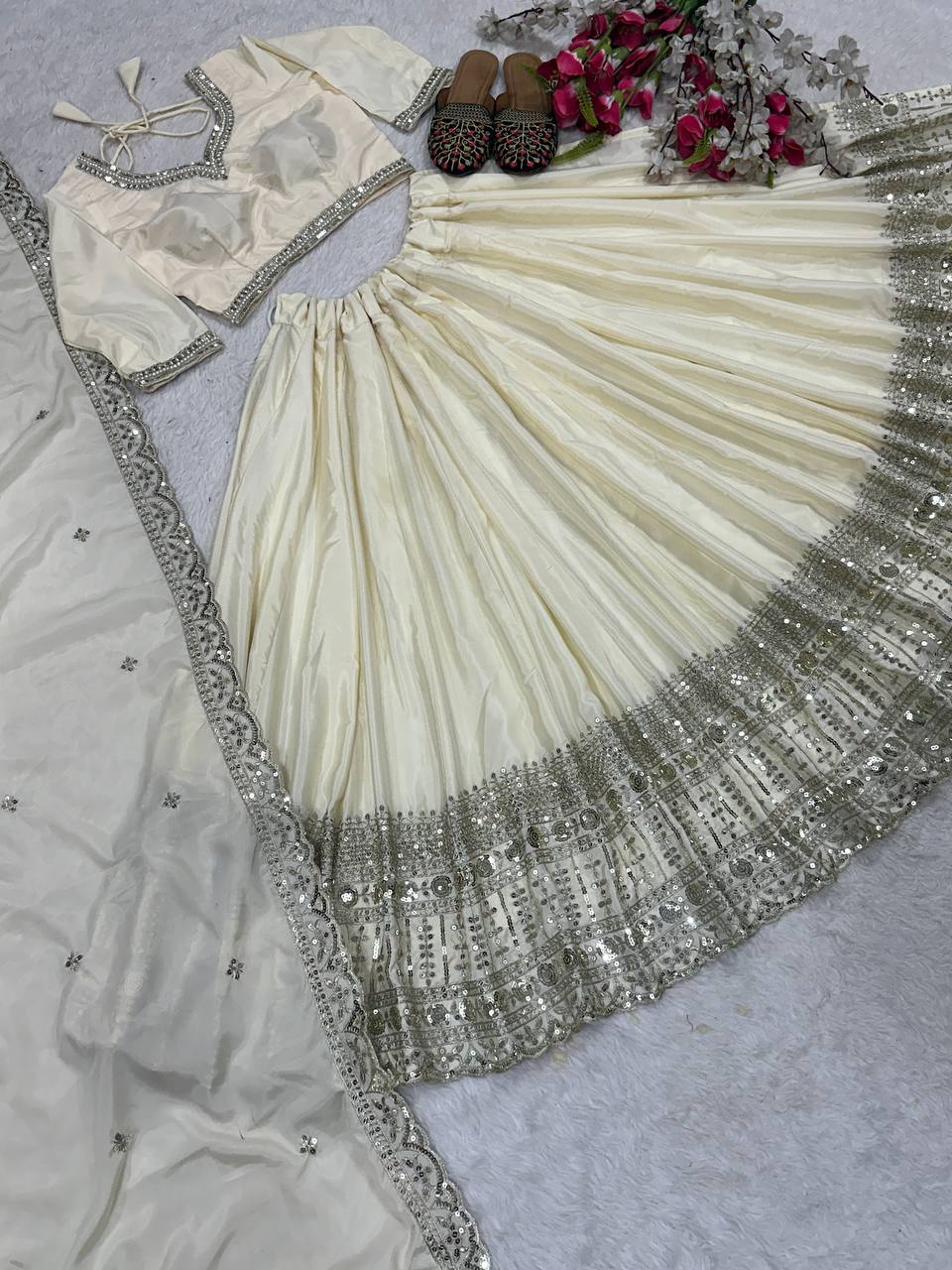 Superhit Off White Color Natural Crepe Silk Embroidery Sequence Work Lehenga Choli