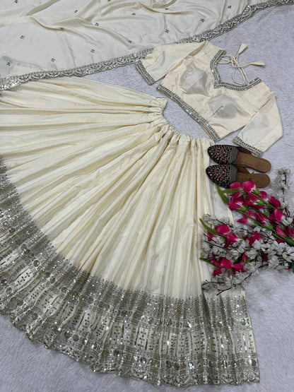 Superhit Off White Color Natural Crepe Silk Embroidery Sequence Work Lehenga Choli