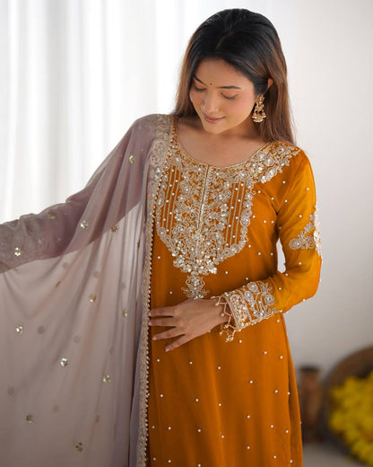 Traditional Wear Mustard Color Heavy Faux Georgette With Heavy Embroidery Work Palazzo Suit