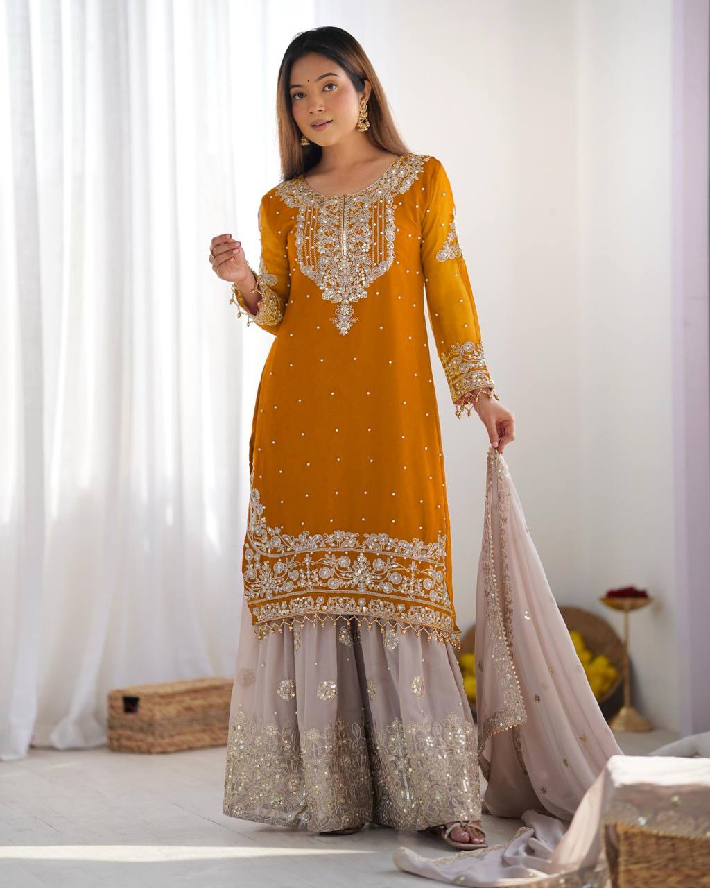 Traditional Wear Mustard Color Heavy Faux Georgette With Heavy Embroidery Work Palazzo Suit
