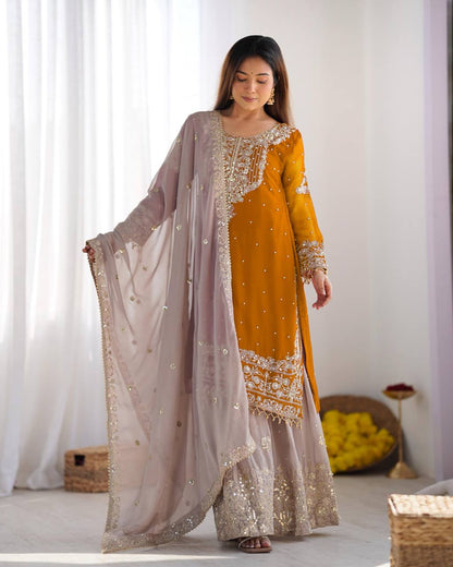 Traditional Wear Mustard Color Heavy Faux Georgette With Heavy Embroidery Work Palazzo Suit