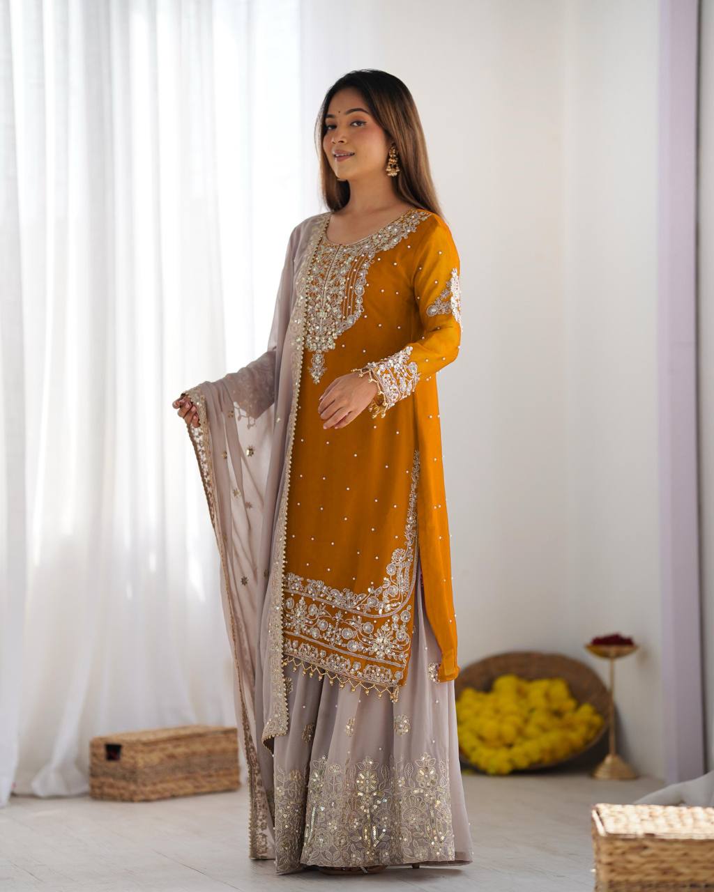 Traditional Wear Mustard Color Heavy Faux Georgette With Heavy Embroidery Work Palazzo Suit