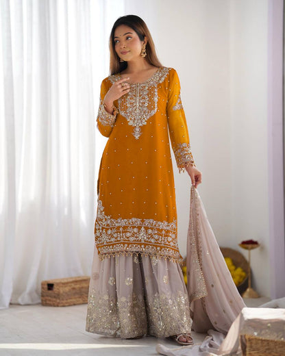 Traditional Wear Mustard Color Heavy Faux Georgette With Heavy Embroidery Work Palazzo Suit
