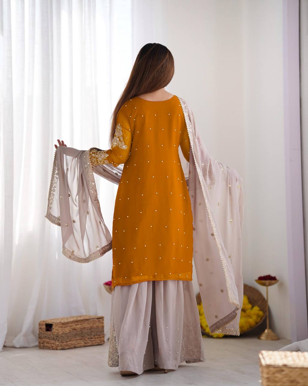 Traditional Wear Mustard Color Heavy Faux Georgette With Heavy Embroidery Work Palazzo Suit