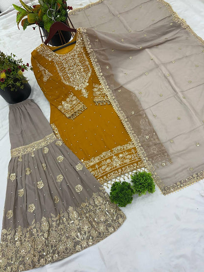 Traditional Wear Mustard Color Heavy Faux Georgette With Heavy Embroidery Work Palazzo Suit