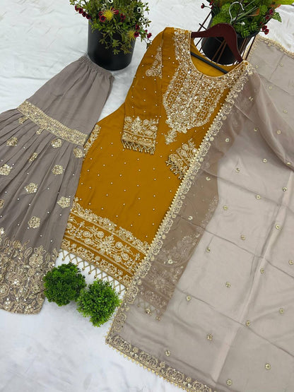 Traditional Wear Mustard Color Heavy Faux Georgette With Heavy Embroidery Work Palazzo Suit