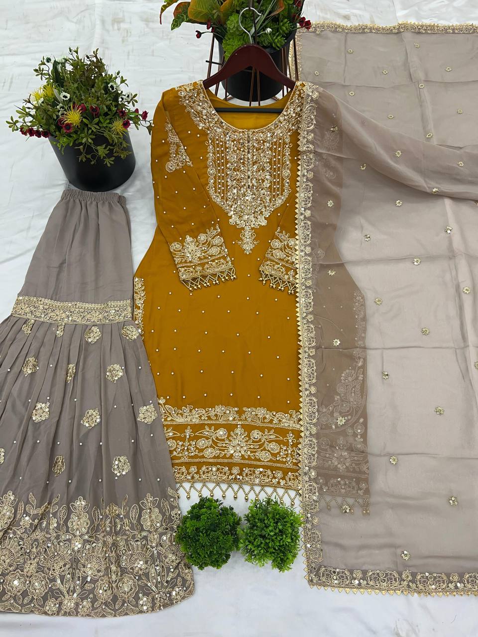 Traditional Wear Mustard Color Heavy Faux Georgette With Heavy Embroidery Work Palazzo Suit