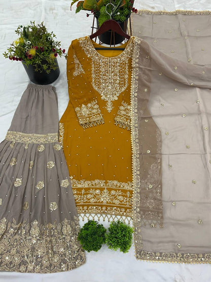 Traditional Wear Mustard Color Heavy Faux Georgette With Heavy Embroidery Work Palazzo Suit