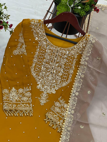 Traditional Wear Mustard Color Heavy Faux Georgette With Heavy Embroidery Work Palazzo Suit
