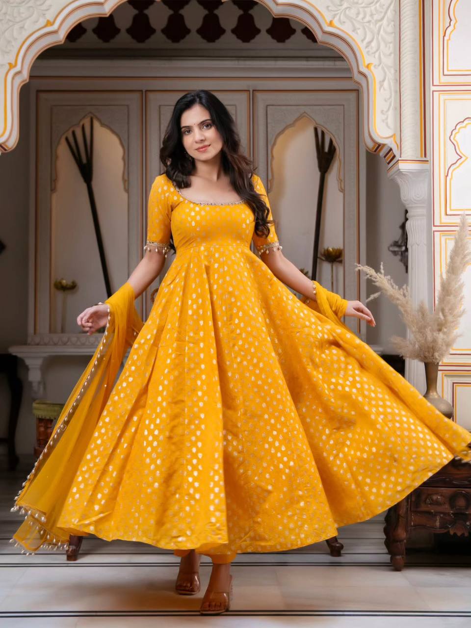Elegant Yellow Color Chanderi Jacquard Butti Anarkali Set
