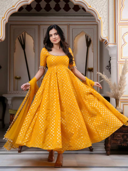 Elegant Yellow Color Chanderi Jacquard Butti Anarkali Set