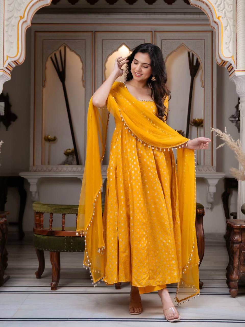 Elegant Yellow Color Chanderi Jacquard Butti Anarkali Set