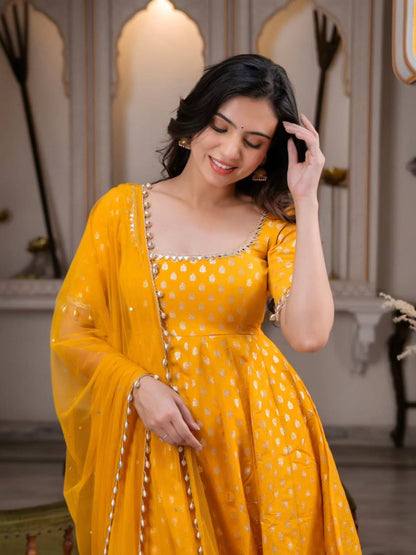 Elegant Yellow Color Chanderi Jacquard Butti Anarkali Set