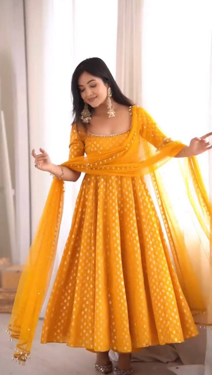 Elegant Yellow Color Chanderi Jacquard Butti Anarkali Set
