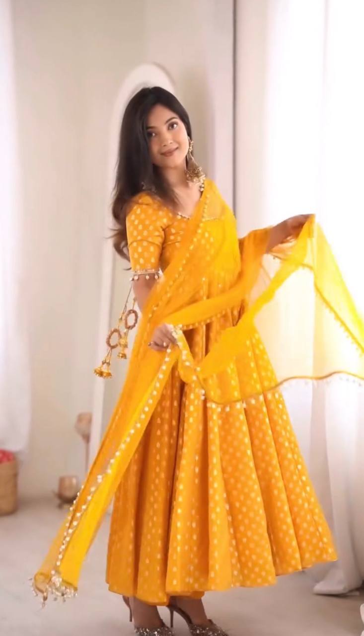 Elegant Yellow Color Chanderi Jacquard Butti Anarkali Set