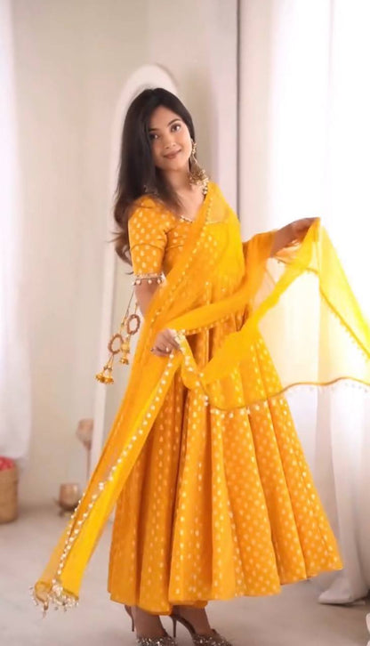 Elegant Yellow Color Chanderi Jacquard Butti Anarkali Set