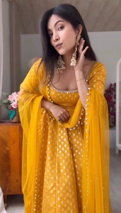 Elegant Yellow Color Chanderi Jacquard Butti Anarkali Set