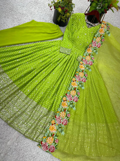 Wedding Wear Green Color Chinon Silk With Embroidery Sequence Work Gown