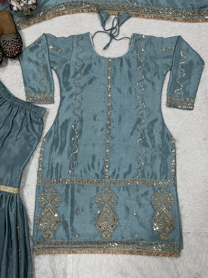 Party Wear Grey Color Chinon Silk With Heavy Embroidery Work Sharara Suit