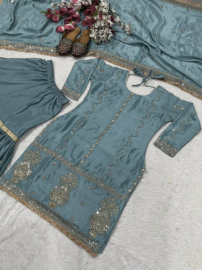 Party Wear Grey Color Chinon Silk With Heavy Embroidery Work Sharara Suit