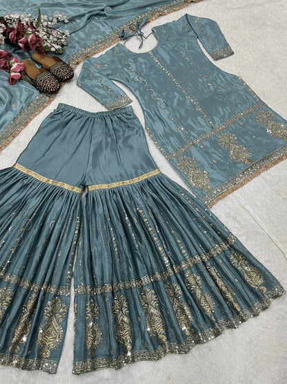 Party Wear Grey Color Chinon Silk With Heavy Embroidery Work Sharara Suit