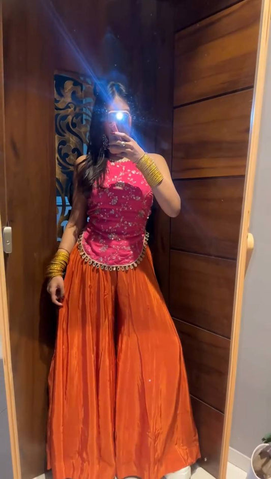 Pink Color Designer Chinon Silk Embroidery Work Sharara Suit
