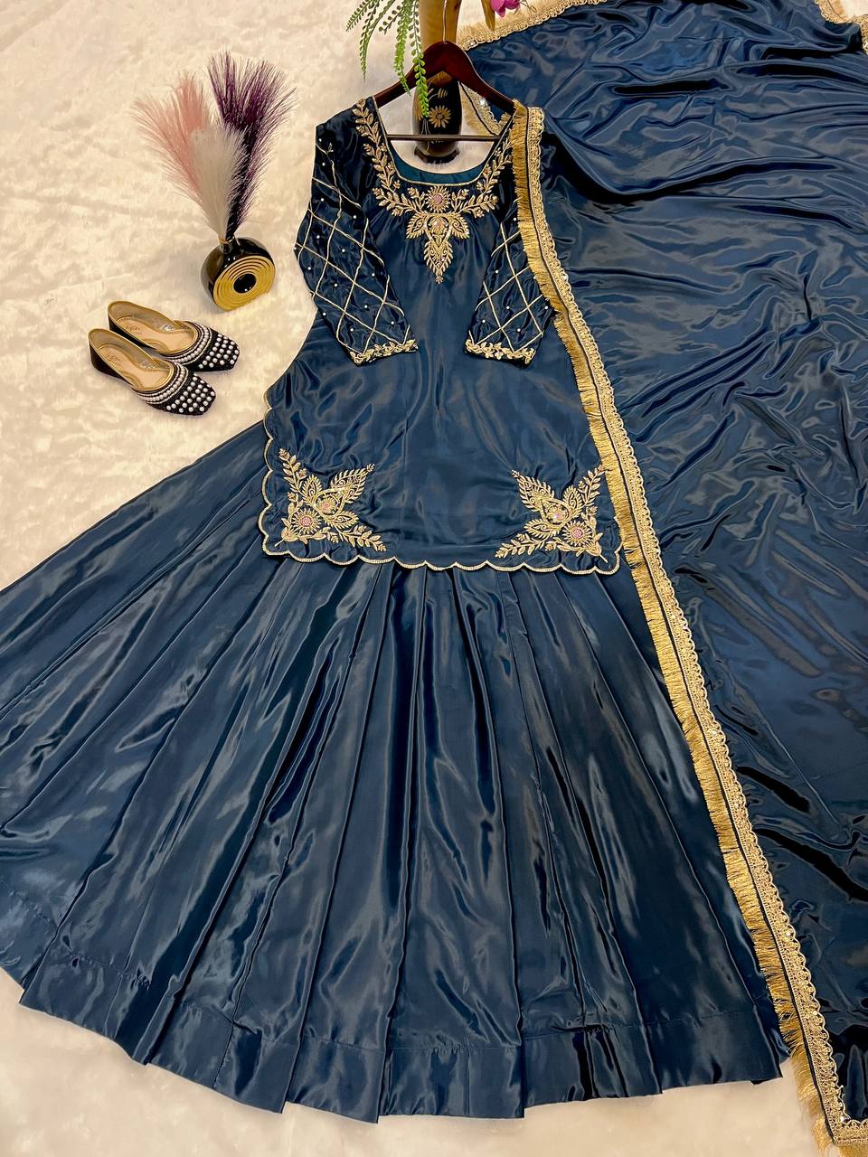 Exclusive Navy Color Natural Crepe Silk Bids Hand Work With Sequence With Embroidery And Zari Work Lehenga Suit