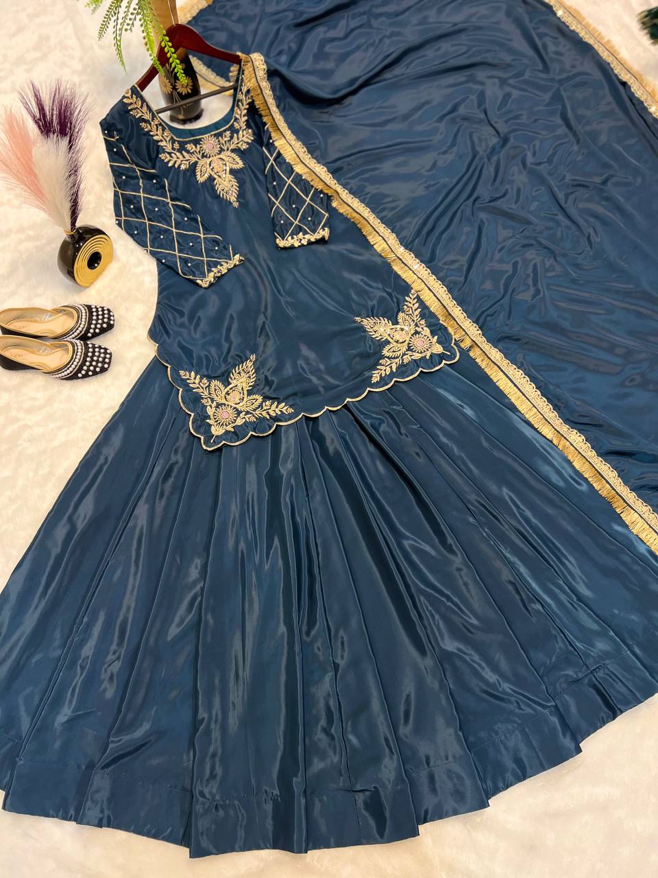 Exclusive Navy Color Natural Crepe Silk Bids Hand Work With Sequence With Embroidery And Zari Work Lehenga Suit